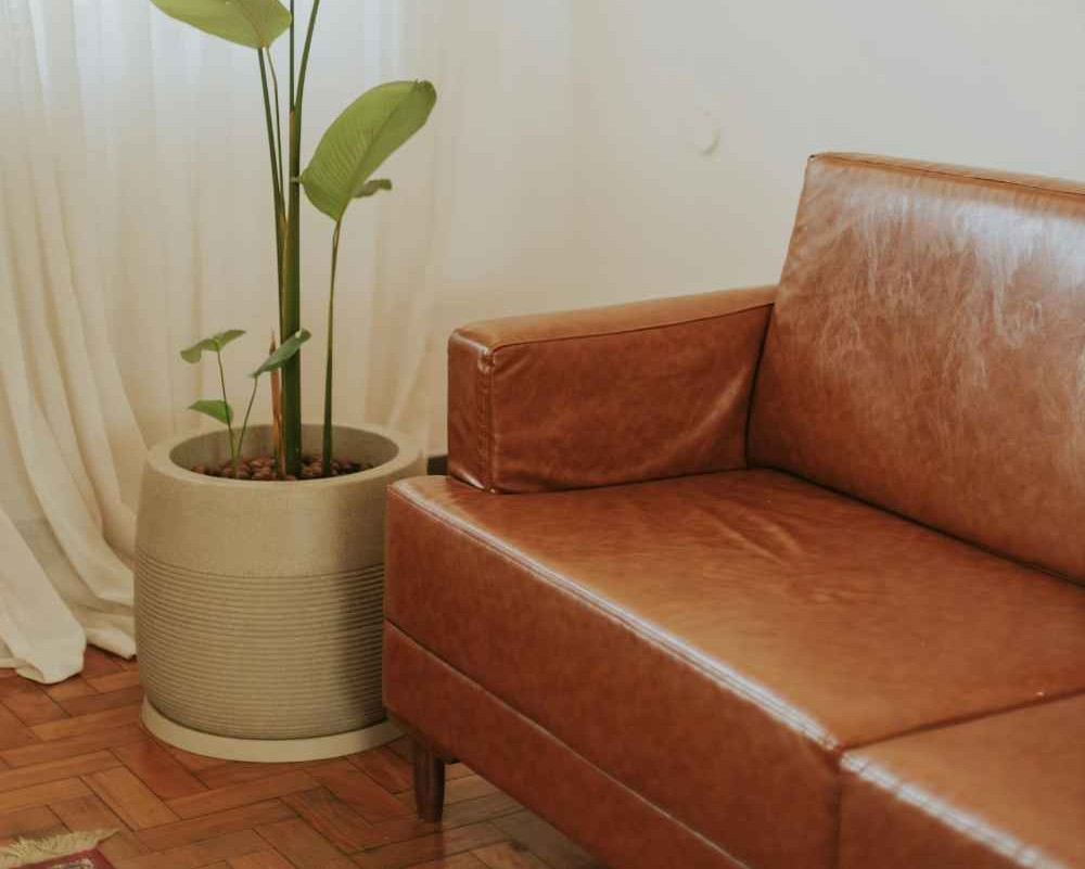 Leather Furniture: Enduring Luxury for Elevated Living 3 full-service-interior-designer-eastern-nc-luxury-leather-furniture-leather-sofa-clean-lines-potted-plant-and-drapes-curated-home-staging